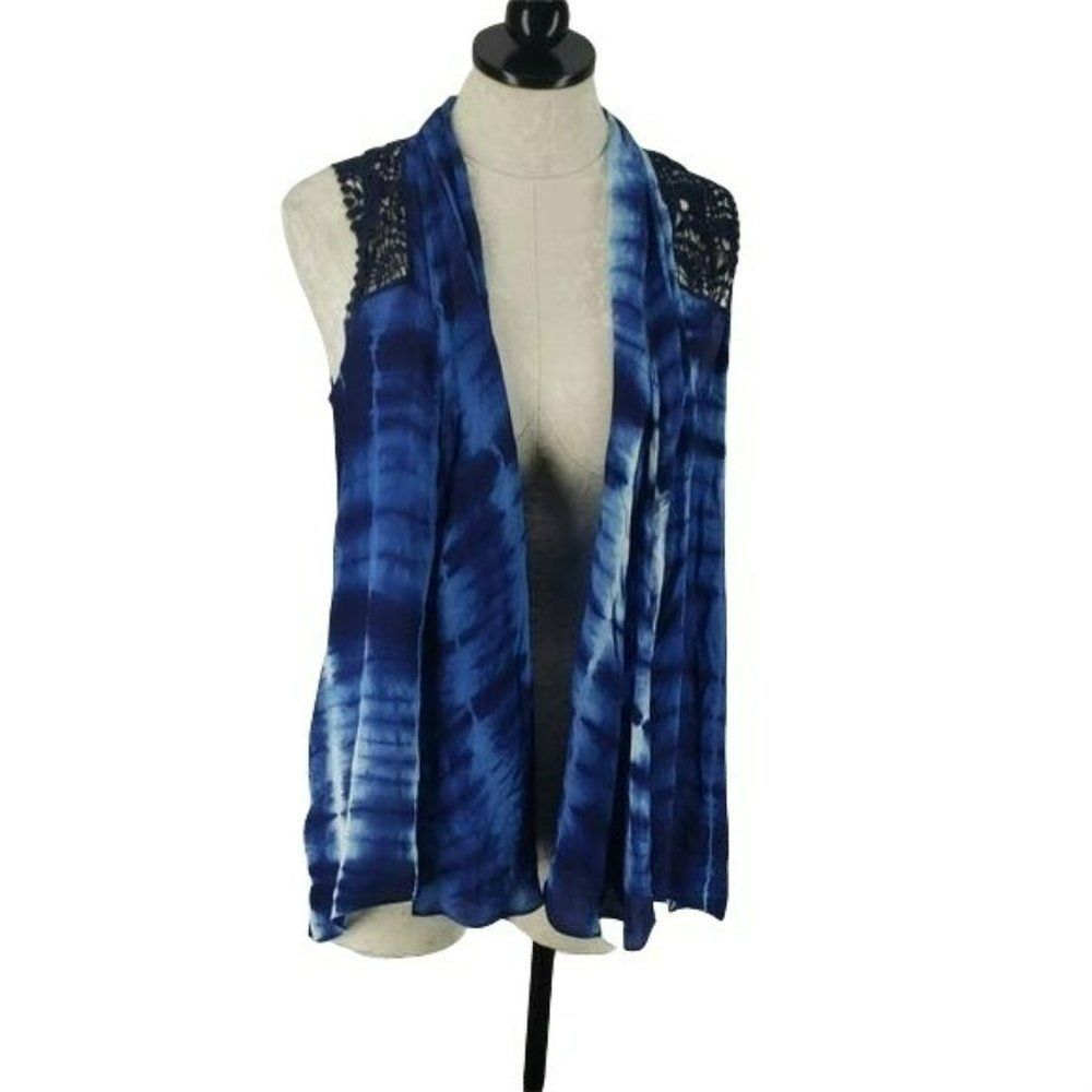 Chicos Blue Tie-Dye Vest With Lace Back Open Front Womens Size 0